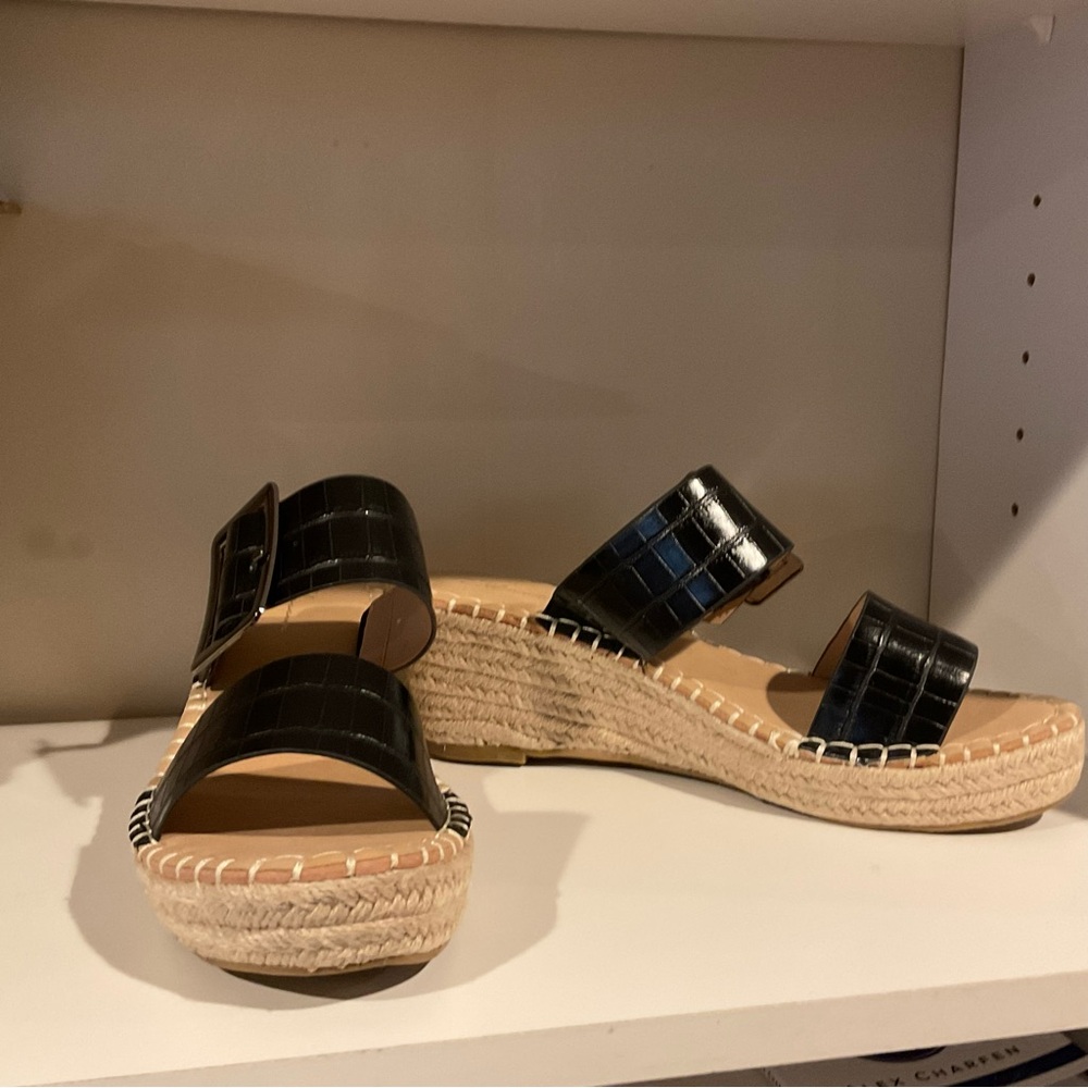 Black Croc-Embossed Espadrille Wedge Sandals